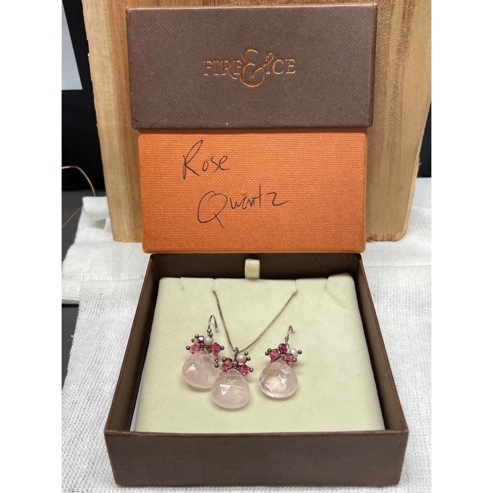 Fire&Ice earrings and pendant Rose Quartz